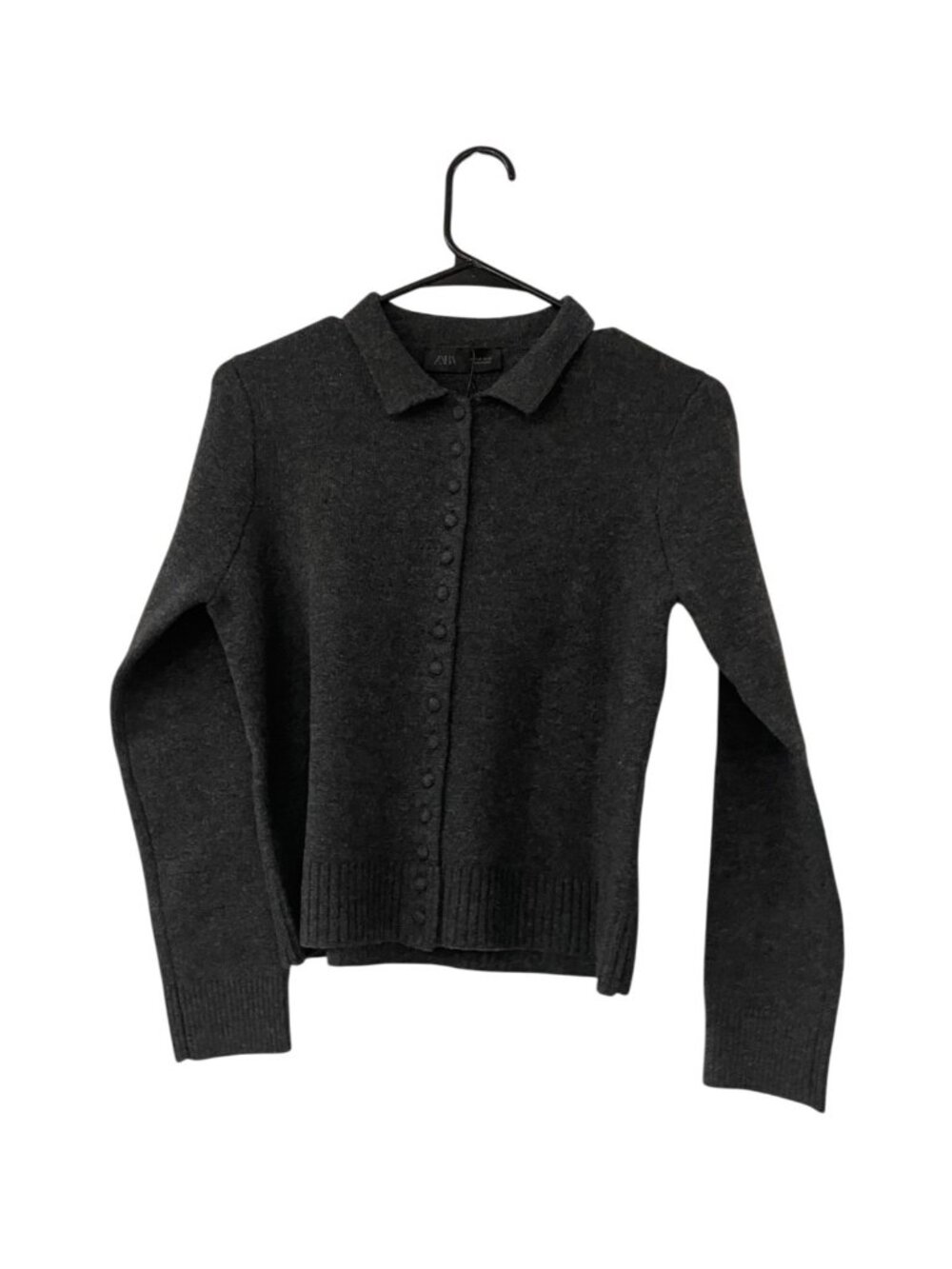 Zara Cardigan Sweater Womens M Dark Grey Button Up Collared 2756/105/807 NWT